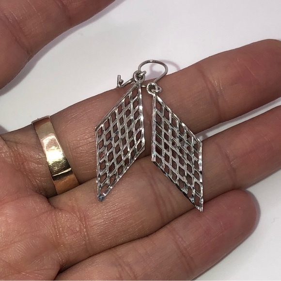 Vtg Sterling Silver Diamond Marquis Shaped Lattice Trellis Style Earrings 2” - Picture 2 of 4